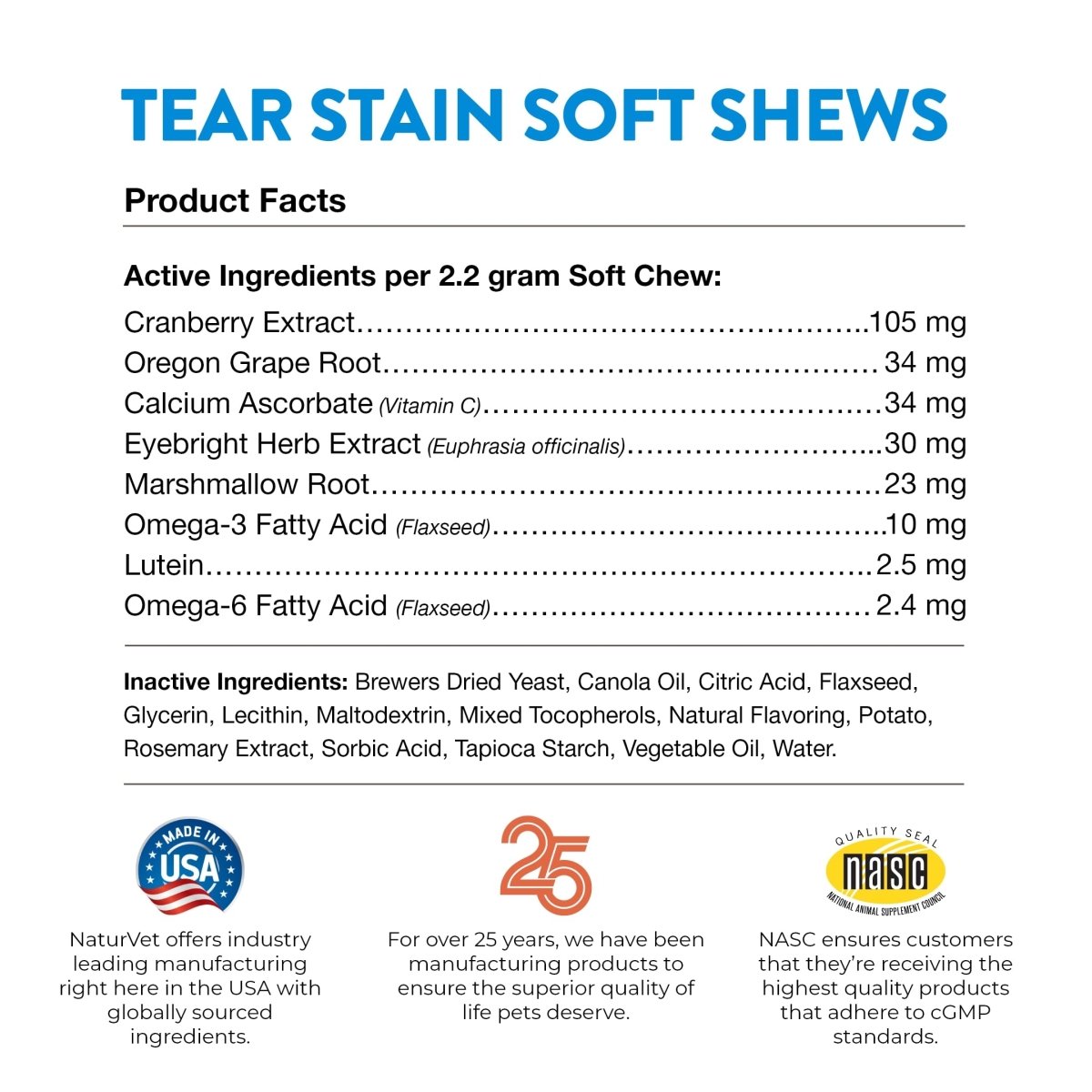 NaturVet – Tear Stain Plus Lutein – Eliminates Unsightly Tear Stains – Enhanced with Cranberry Extract, Marshmallow Root & Oregon Grape Root – for Dogs & Cats – 70 Soft Chews