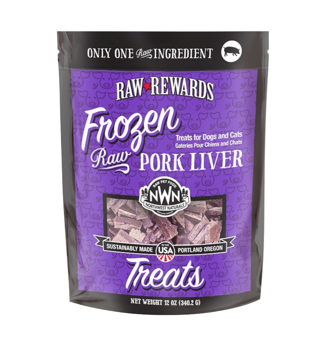 Northwest naturals frozen raw rewards pork liver 12oz dog cat treat