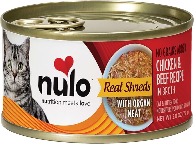 Nulo chicken & beef recipe in broth canned cat food 3oz shreds