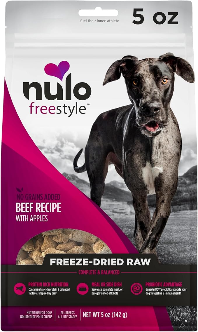 Nulo freestyle freeze dried raw grain free beef recipe with apples 5oz dog treats