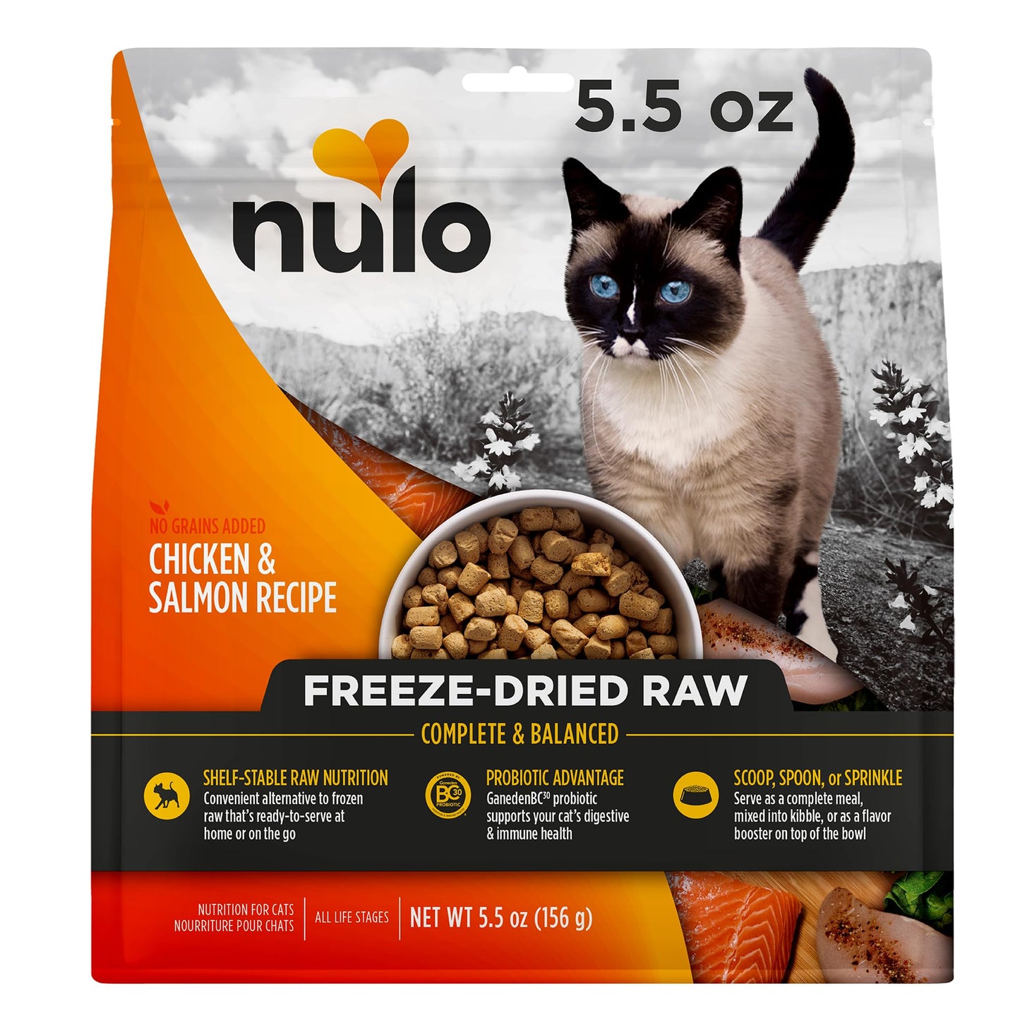 Nulo Freestyle Freeze - Dried Raw, Ultra - Rich Grain - Free Dry Cat Food for All Breeds and Life Stages with BC30 Probiotic for Digestive and Immune Health, Chicken & Salmon, 5.5 Ounce