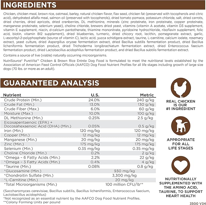 Nutrisource pure vita chicken & brown rice 25lbs dry dog kibble