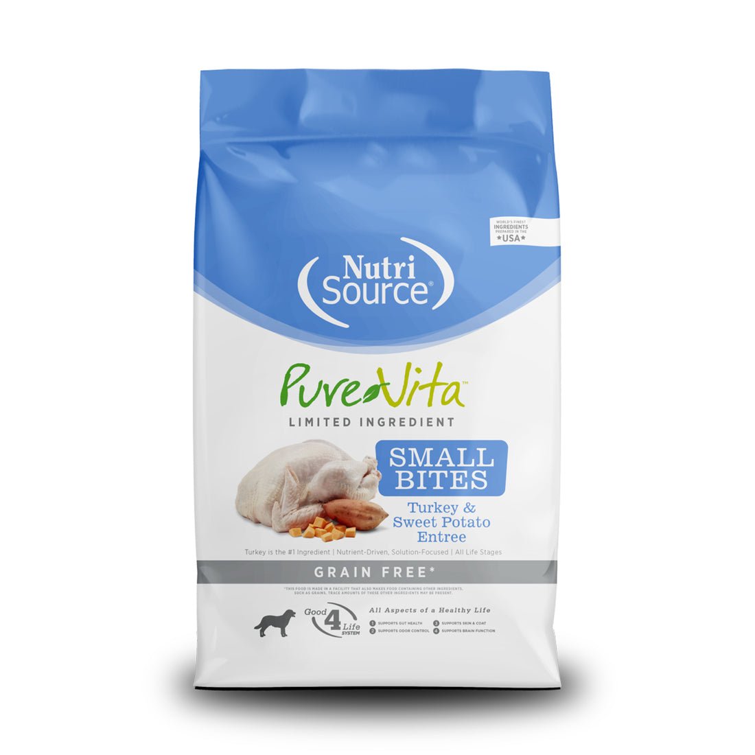 Nutrisource pure vita small bites Turkey & sweet potato grain free dog kibble 4lbs