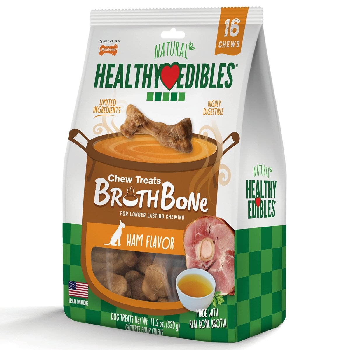 Nylabone Healthy Edibles Broth Bone All Natural Dog Treats Made With Real Bone Broth Small/Regular (16 count)
