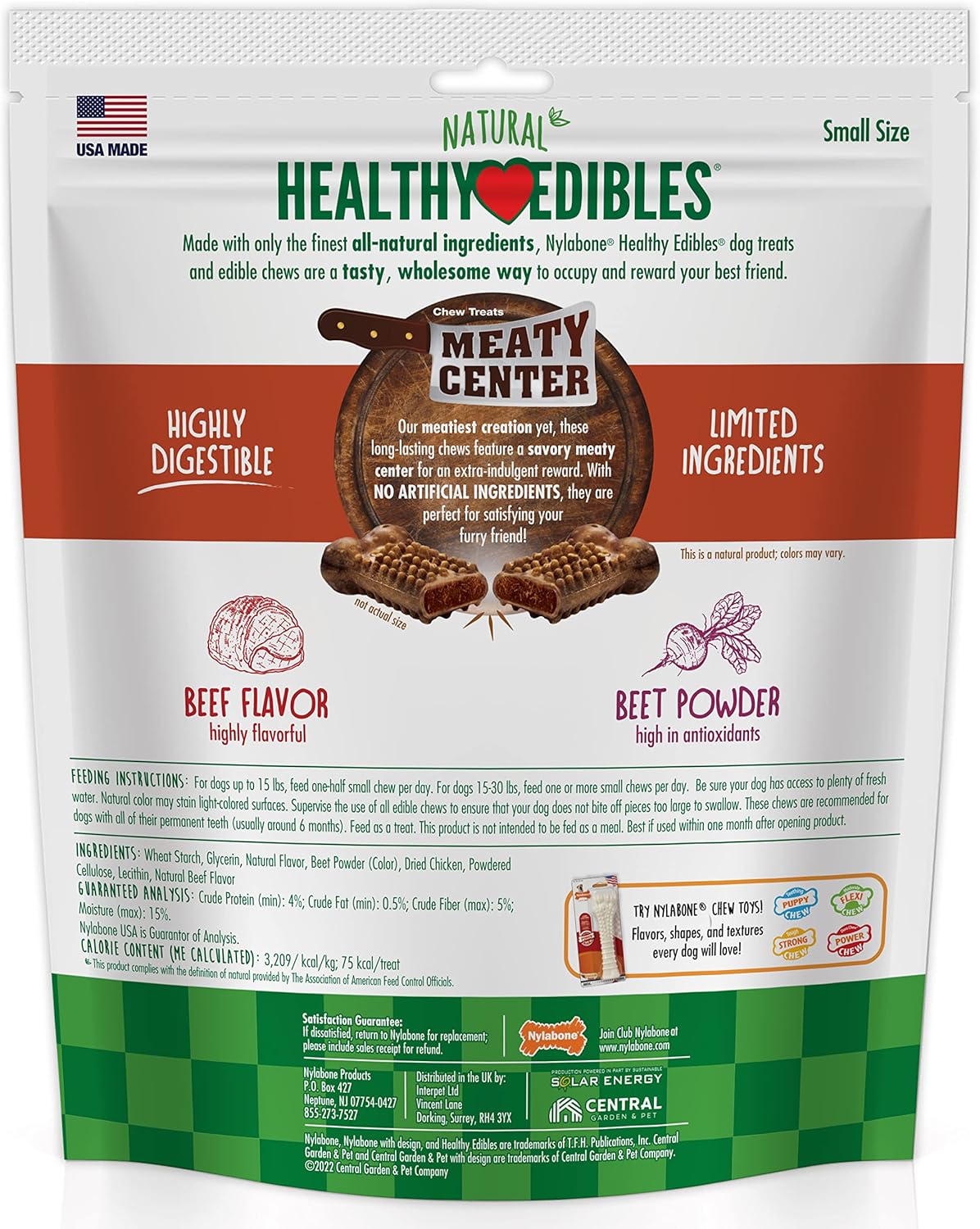 Nylabone natural healthy edibles chew treats meaty center beef 9.9oz 12 small chews