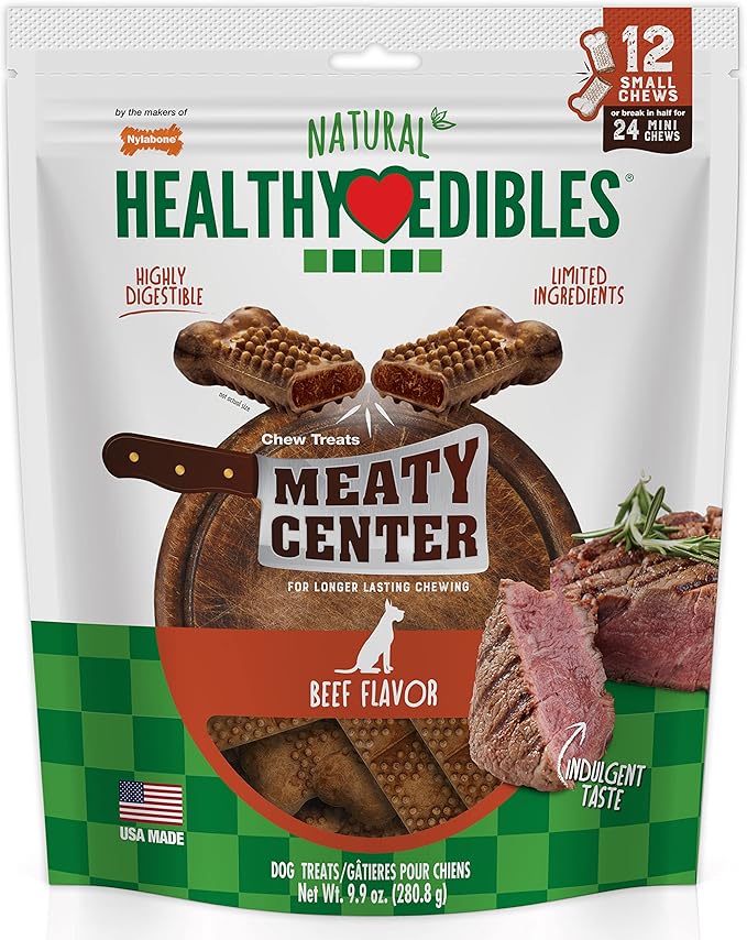 Nylabone natural healthy edibles chew treats meaty center beef 9.9oz 12 small chews