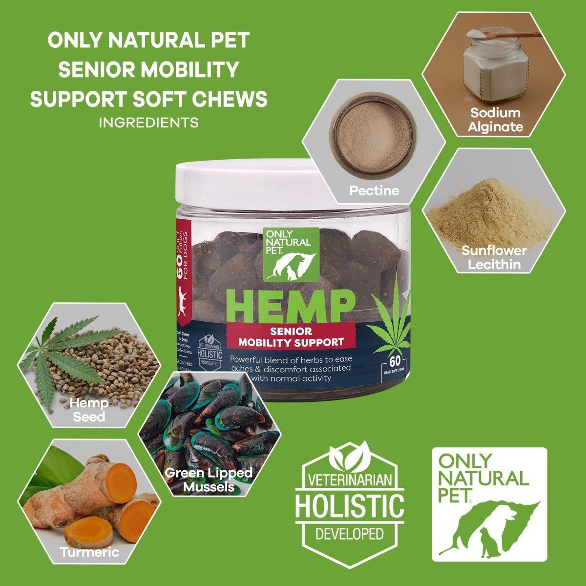 Only Natural Pet Hemp Senior Mobility Support for Dogs - Holistic Wellness for Healthy Joint & Overall Well - Being - Vet Formulated - Soft Chew Treats - 60 Count