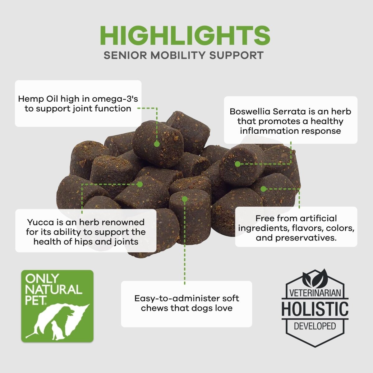 Only Natural Pet Hemp Senior Mobility Support for Dogs - Holistic Wellness for Healthy Joint & Overall Well - Being - Vet Formulated - Soft Chew Treats - 60 Count