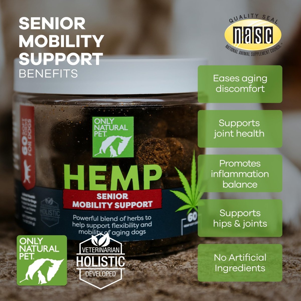 Only Natural Pet Hemp Senior Mobility Support for Dogs - Holistic Wellness for Healthy Joint & Overall Well - Being - Vet Formulated - Soft Chew Treats - 60 Count