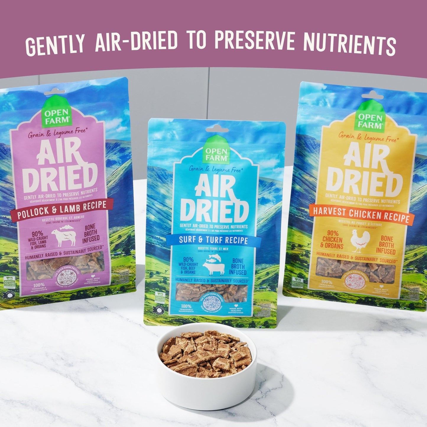 Open Farm, Air Dried Dog Food Infused with Bone Broth, Grain & Legume Free, Complete Meal or Food Topper, Pollock & Lamb Recipe, 1lb Bag