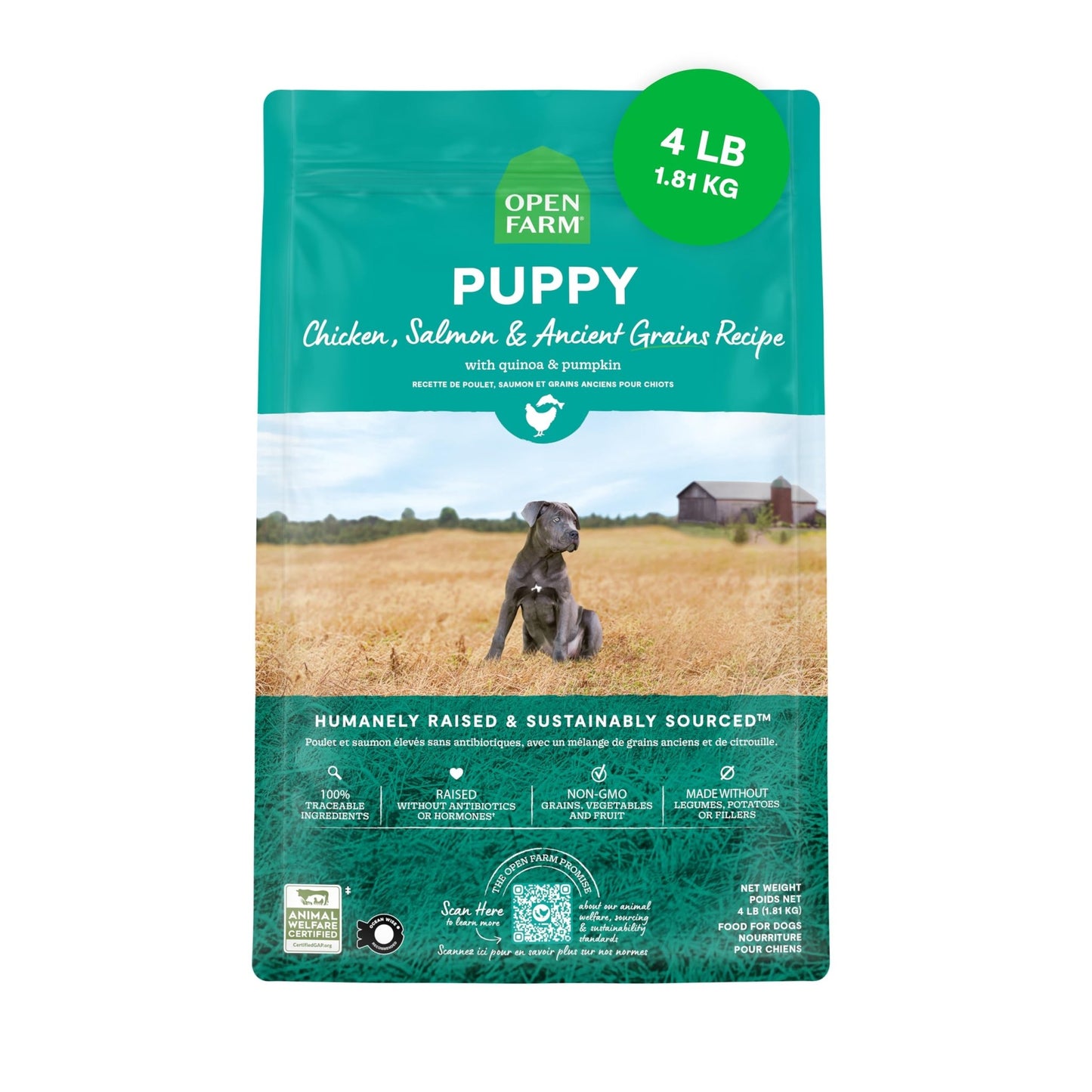 Open Farm, Ancient Grains Dry Dog Food for Puppies, Protein - Rich & Nutrient Dense, 90% Animal Protein Mixed with Non - GMO Fruits, Veggies and Superfoods, Chicken & Salmon Recipe for Puppy, 4lb Bag