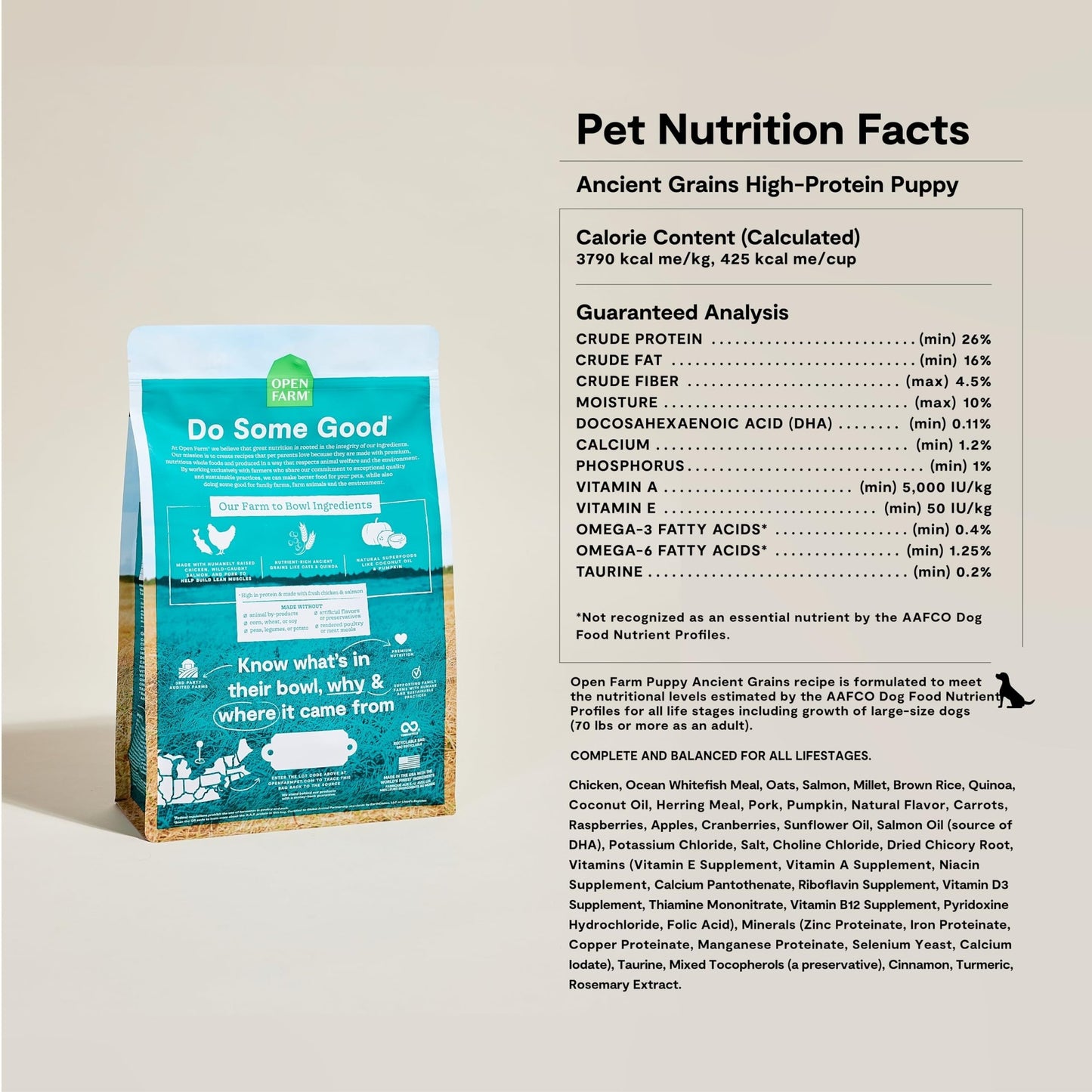 Open Farm, Ancient Grains Dry Dog Food for Puppies, Protein - Rich & Nutrient Dense, 90% Animal Protein Mixed with Non - GMO Fruits, Veggies and Superfoods, Chicken & Salmon Recipe for Puppy, 4lb Bag