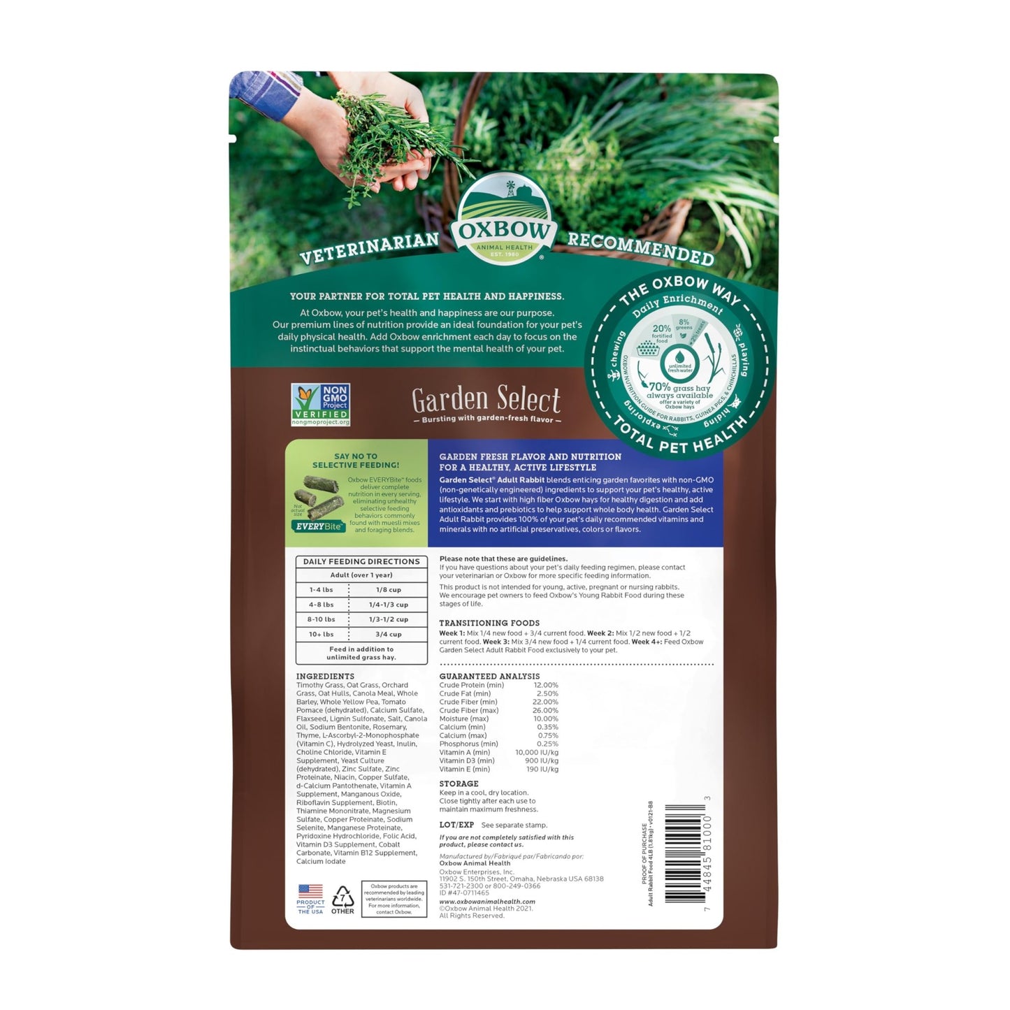 Oxbow Animal Health Garden Select Adult Rabbit Food, Garden - Inspired Recipe for Adult Rabbits, No Soy or Wheat, Non - GMO, Made in The USA, 4 lb Bag