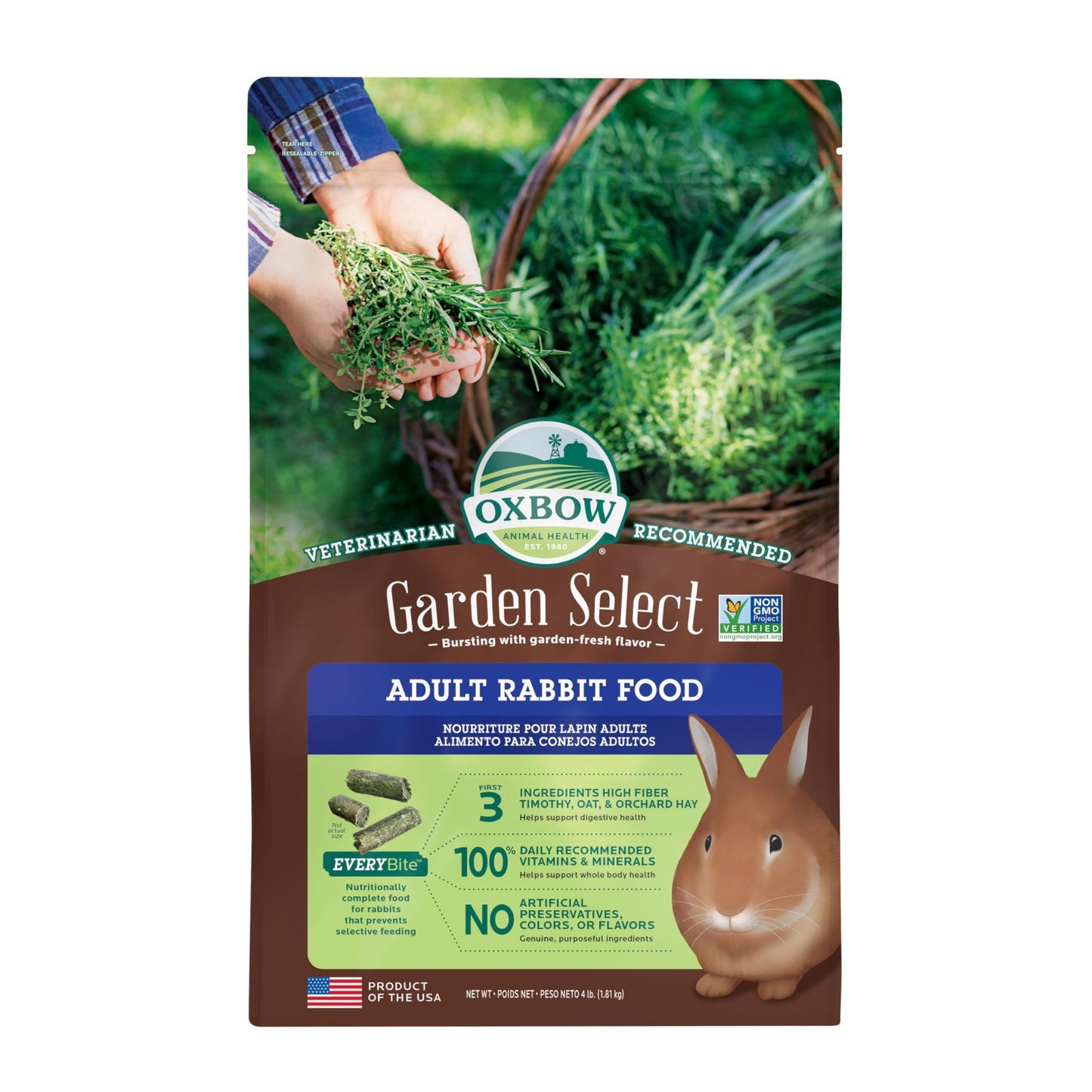 Oxbow Animal Health Garden Select Adult Rabbit Food, Garden - Inspired Recipe for Adult Rabbits, No Soy or Wheat, Non - GMO, Made in The USA, 4 lb Bag