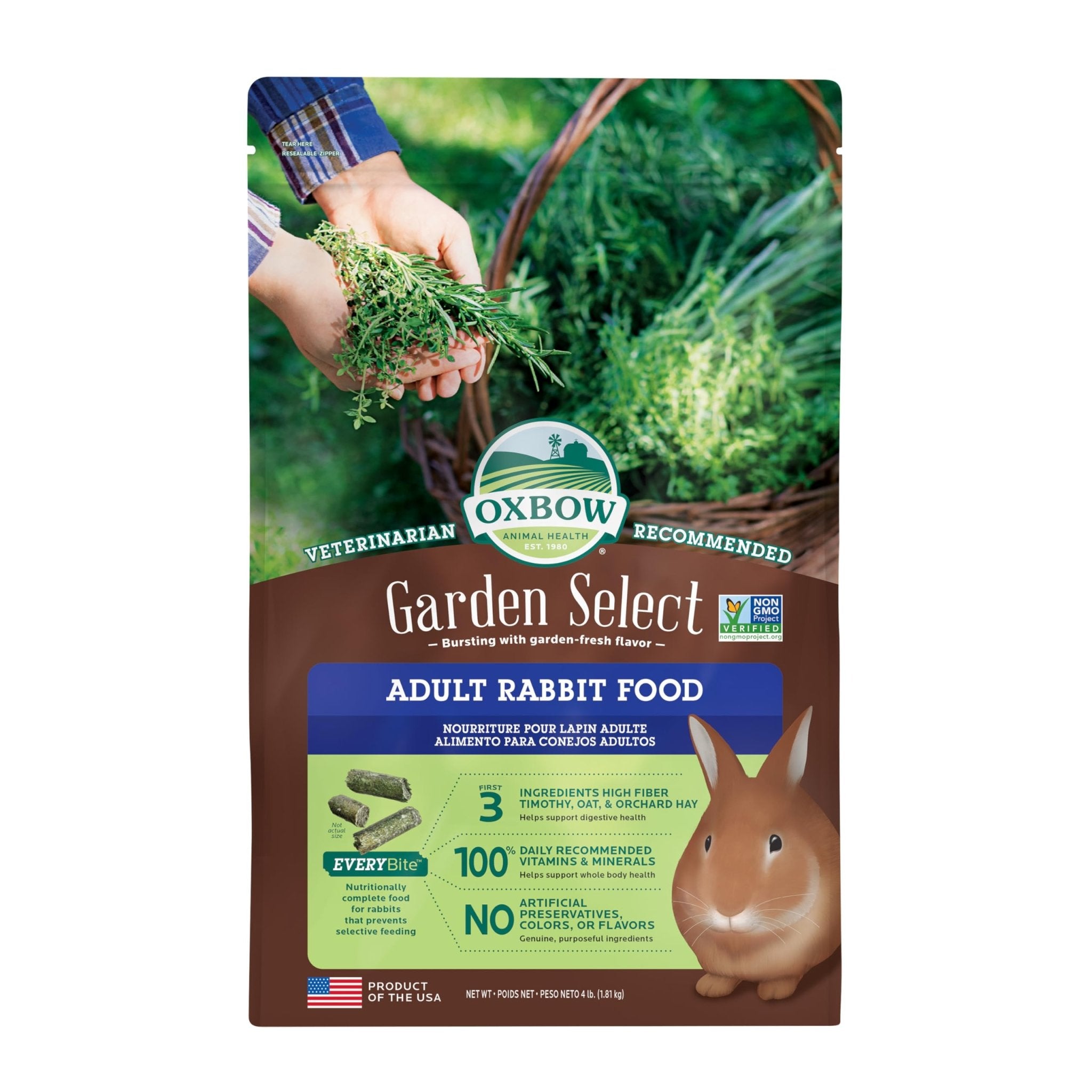 Oxbow Animal Health Garden Select Adult Rabbit Food, Garden - Inspired Recipe for Adult Rabbits, No Soy or Wheat, Non - GMO, Made in The USA, 4 lb Bag