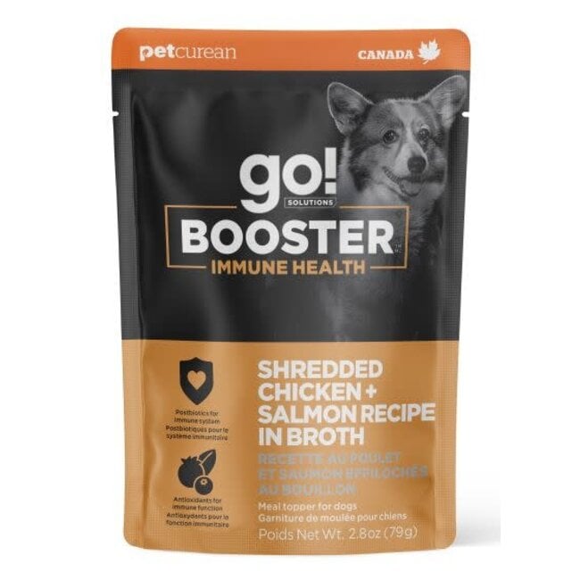 Petcurean go booster immune health shredded chicken, salmon recipe in broth