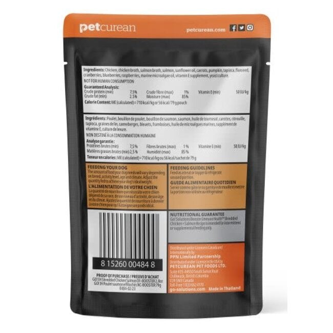 Petcurean go booster immune health shredded chicken, salmon recipe in broth
