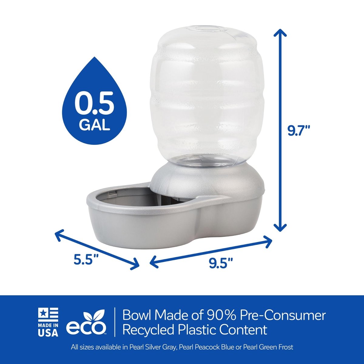 Petmate Replendish Automatic Gravity Waterer for Cats and Dogs - BPA - Free - No Batteries Required Includes Charcoal Filter - 0.5 Gallon - Silver