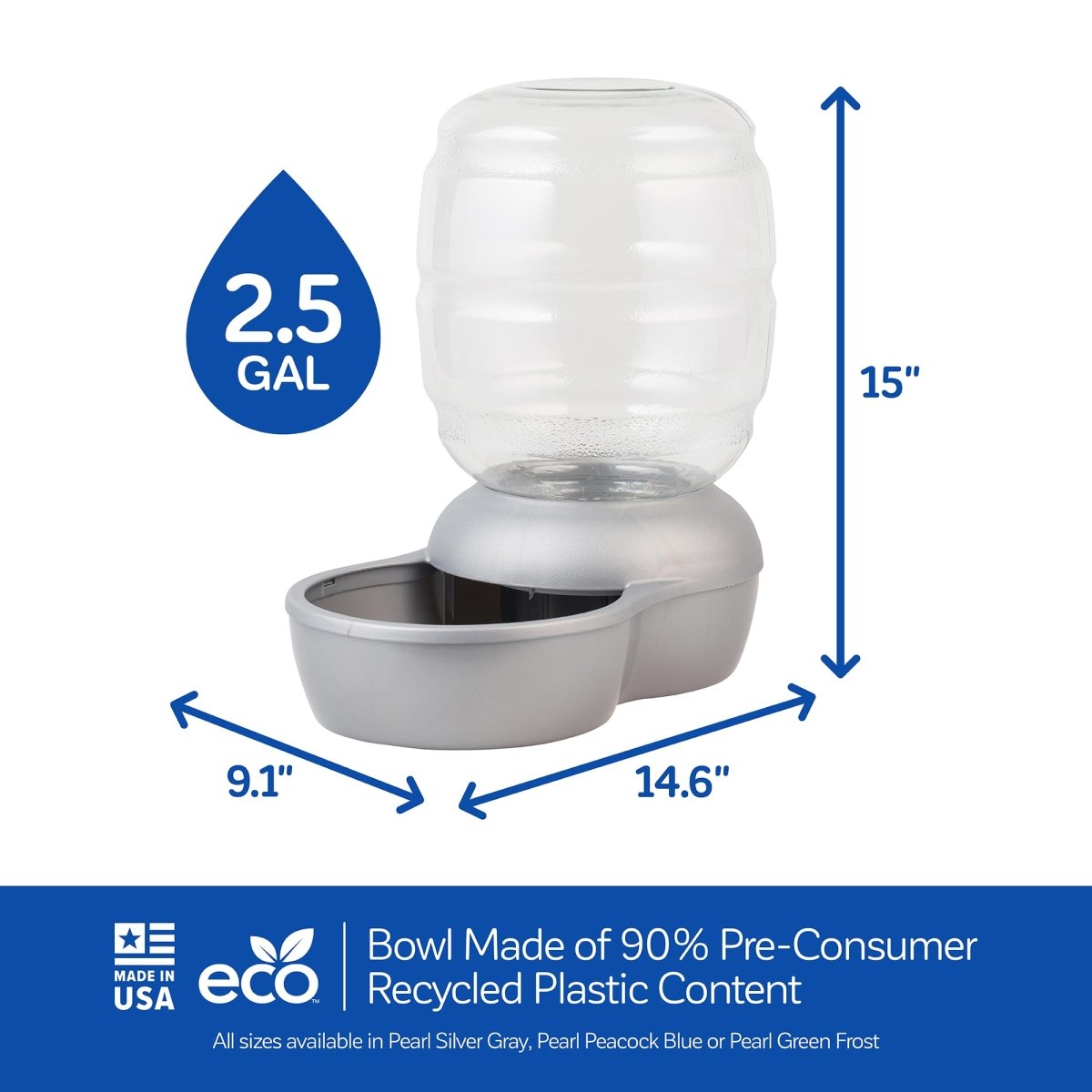 Petmate Replendish Automatic Gravity Waterer for Cats and Dogs - BPA - Free - No Batteries Required Includes Charcoal Filter - 2.5 Gallons - Silver