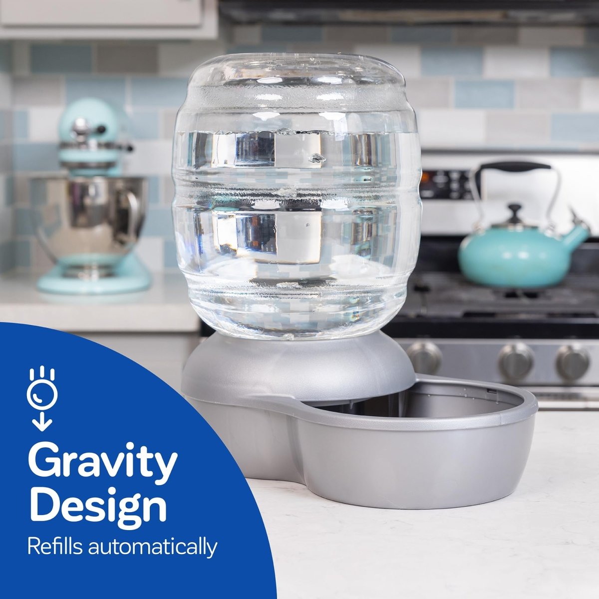 Petmate Replendish Automatic Gravity Waterer for Cats and Dogs - BPA - Free - No Batteries Required Includes Charcoal Filter - 2.5 Gallons - Silver