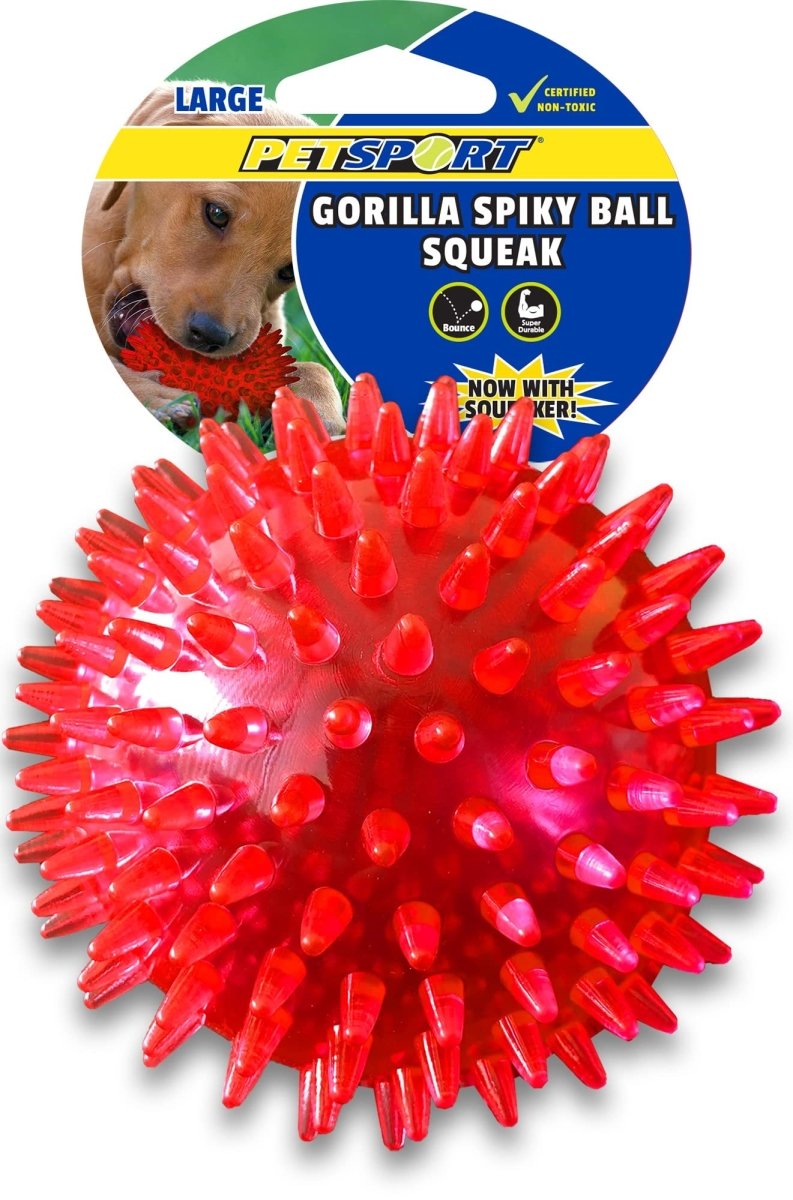 PetSport 4" Gorilla Spiky Squeaker Ball Dog Toy - Large | Play Fetch with Durable TPR Rubber | Cleans Teeth, Promotes Good Dental and Gum Health for Your Pet, Colors Will Vary