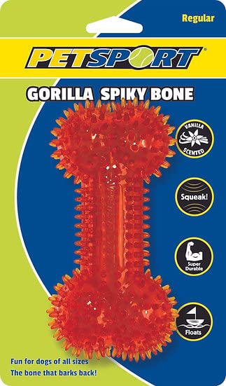 PetSport 6.5" Gorilla Spiky Squeaker Bone Dog Toy - Regular | Vanilla Scented Super Durable TPR Rubber That Floats | Helps Maintain Dental Health for Your Pet, Colors Will Vary