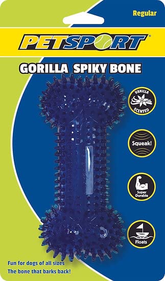 PetSport 6.5" Gorilla Spiky Squeaker Bone Dog Toy - Regular | Vanilla Scented Super Durable TPR Rubber That Floats | Helps Maintain Dental Health for Your Pet, Colors Will Vary