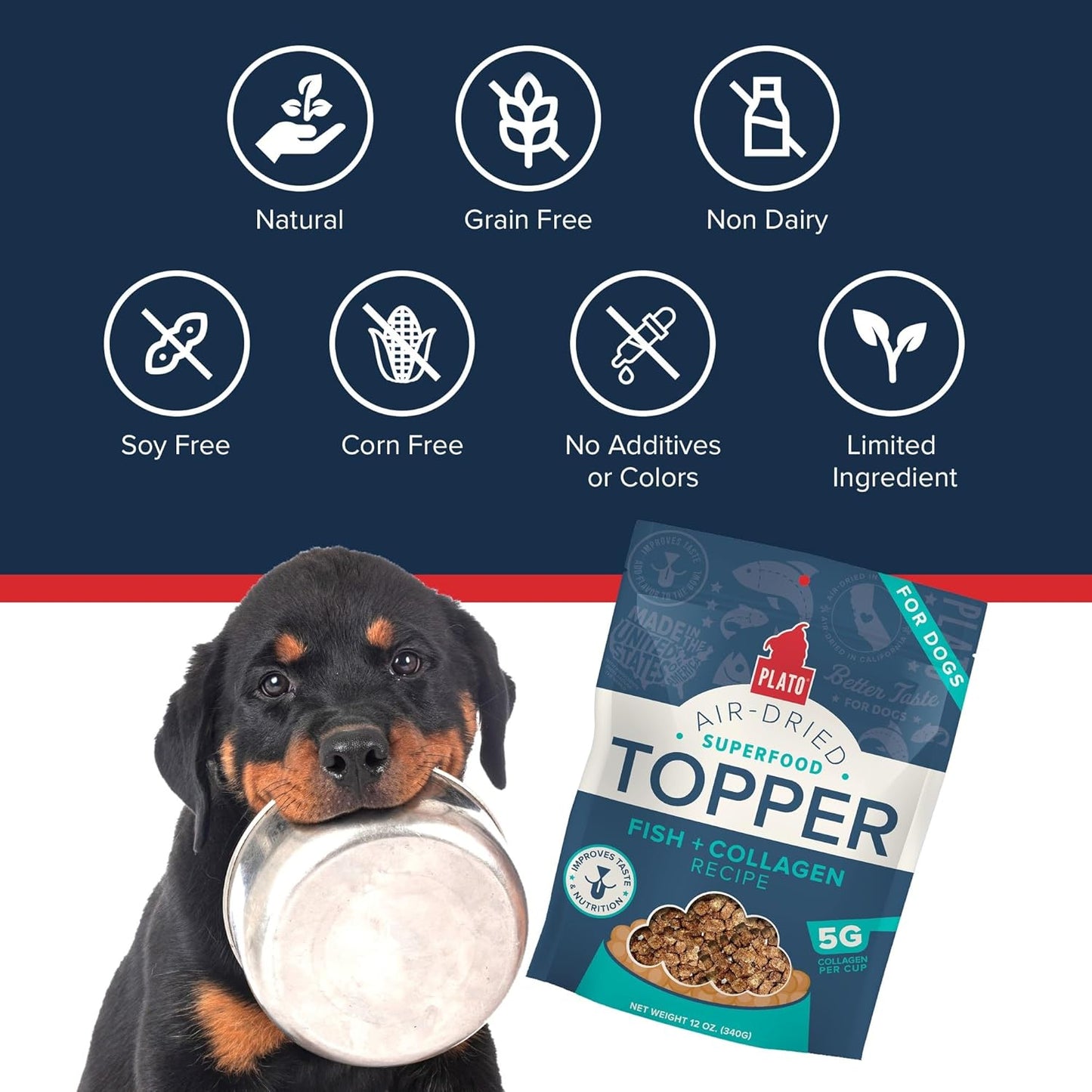 Plato air dried superfood topper dog treats fish collagen recipe 5.5oz bag