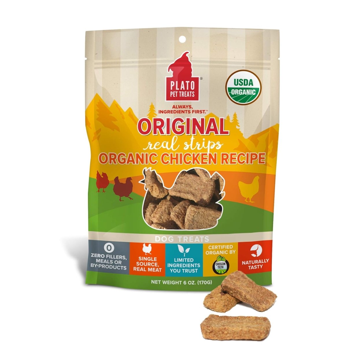 PLATO Original Real Strips Organic Chicken 6oz, brown