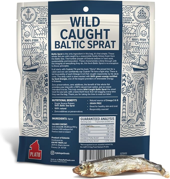 Plato wild caught Baltic sprat fish dog treats 3oz