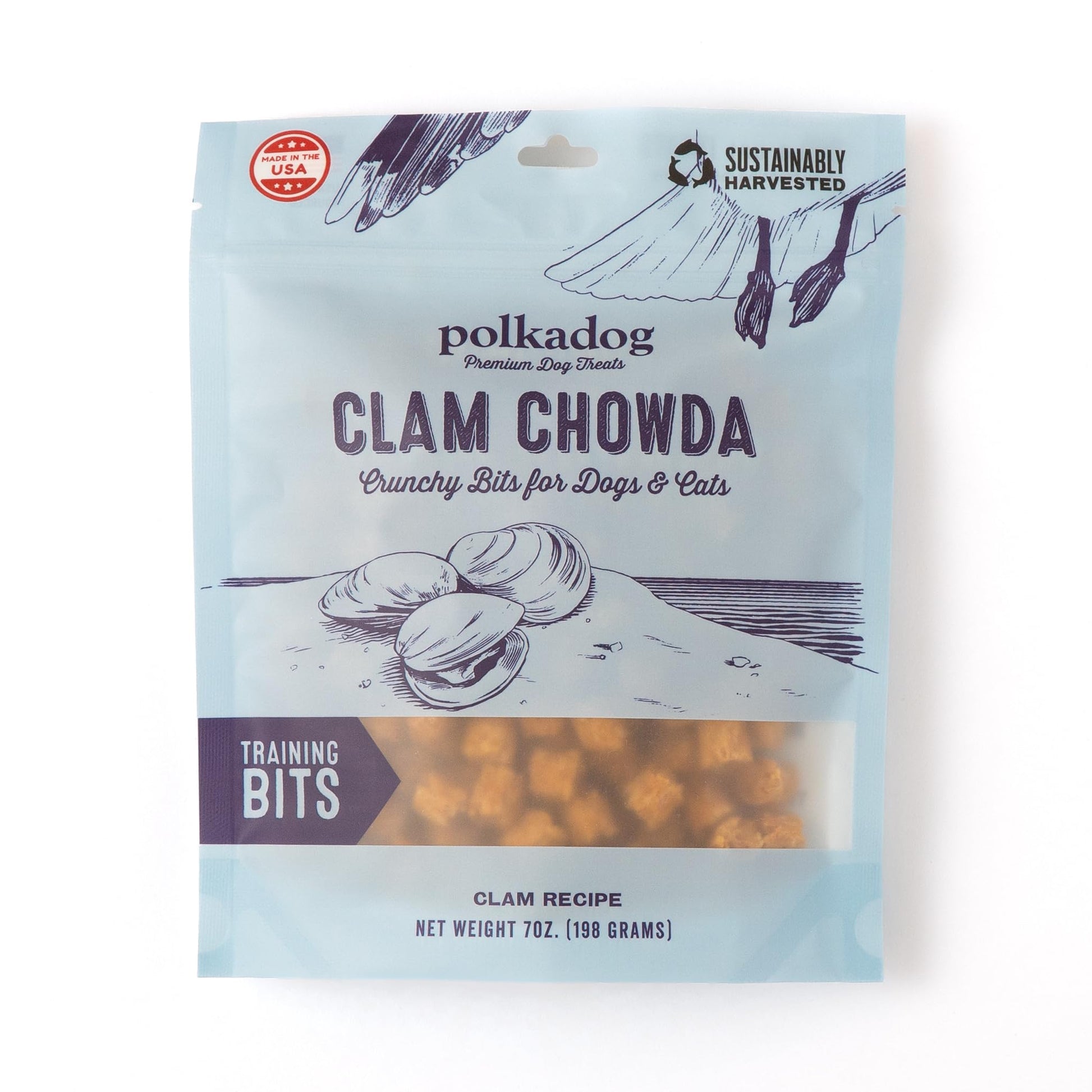 Polkadog Crunchy Clam Chowda Dog Treats, Cat Bits – 100% Atlantic Ocean Quahogs - All - Natural Pet, Dog Treat - Savory, Healthy Puppy Bits – Limited Ingredients – 7 Oz