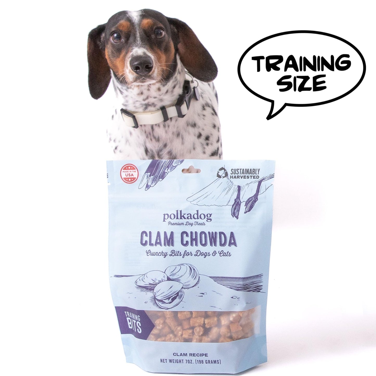 Polkadog Crunchy Clam Chowda Dog Treats, Cat Bits – 100% Atlantic Ocean Quahogs - All - Natural Pet, Dog Treat - Savory, Healthy Puppy Bits – Limited Ingredients – 7 Oz