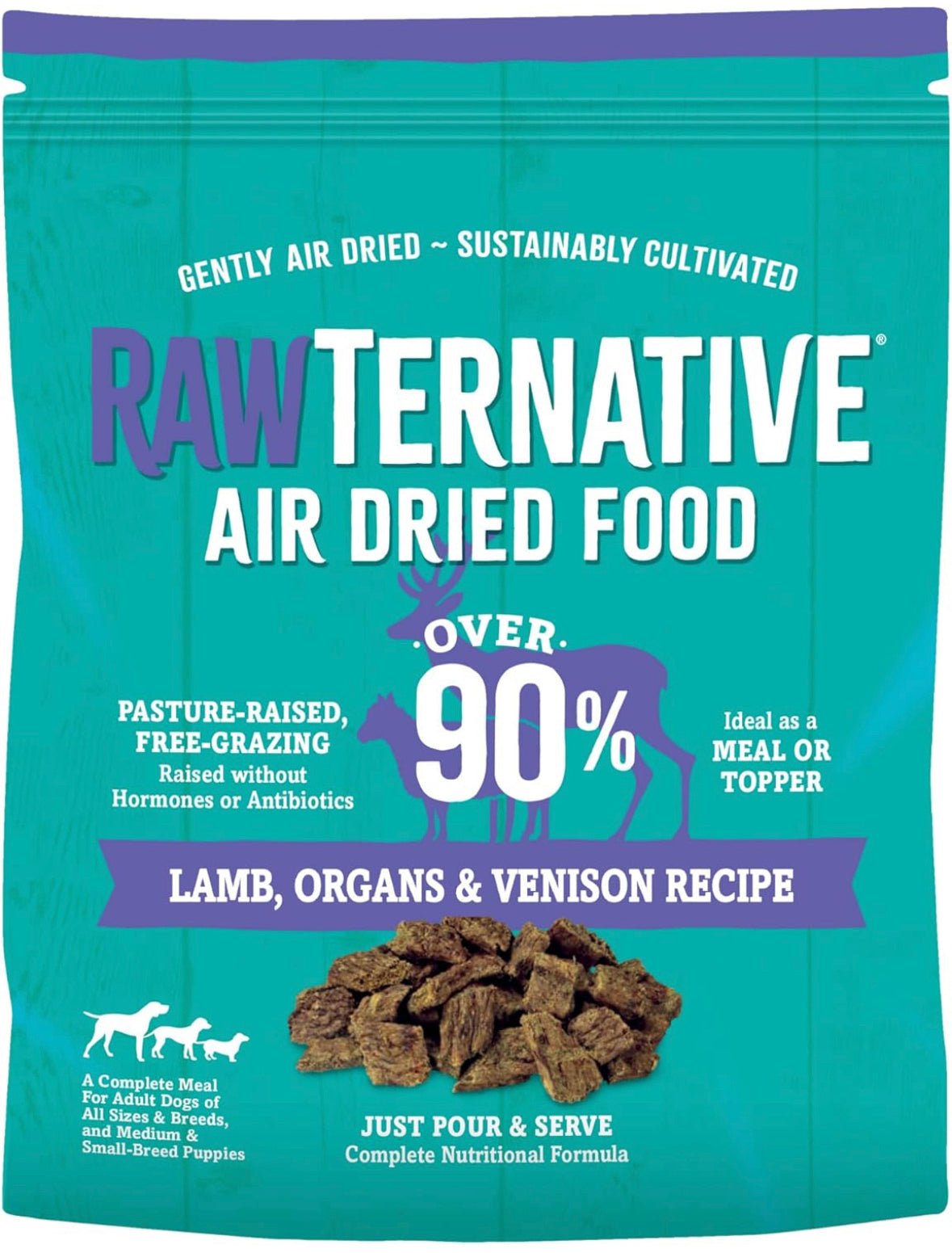 RawTernative Air Dried Dog Food, High Protein, Over 90% Real Lamb, Organs, & Venison + New Zealand Green Lipped Mussels, Complete Meal or Topper, Grain Free, Gluten Free, Non GMO, (3 lb Bag)