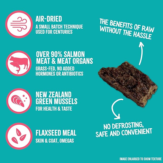 RawTernative Air Dried Dog Food, High Protein, Over 90% Real Salmon & Beef + New Zealand Green Lipped Mussels, Complete Meal or Topper, Grain Free, Gluten Free, Non GMO, (5 oz Bag)