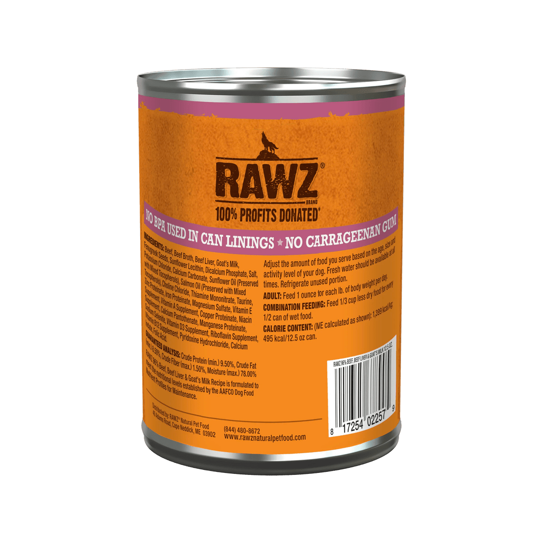 Rawz 96% beef, liver, and goats milk canned pate dog food