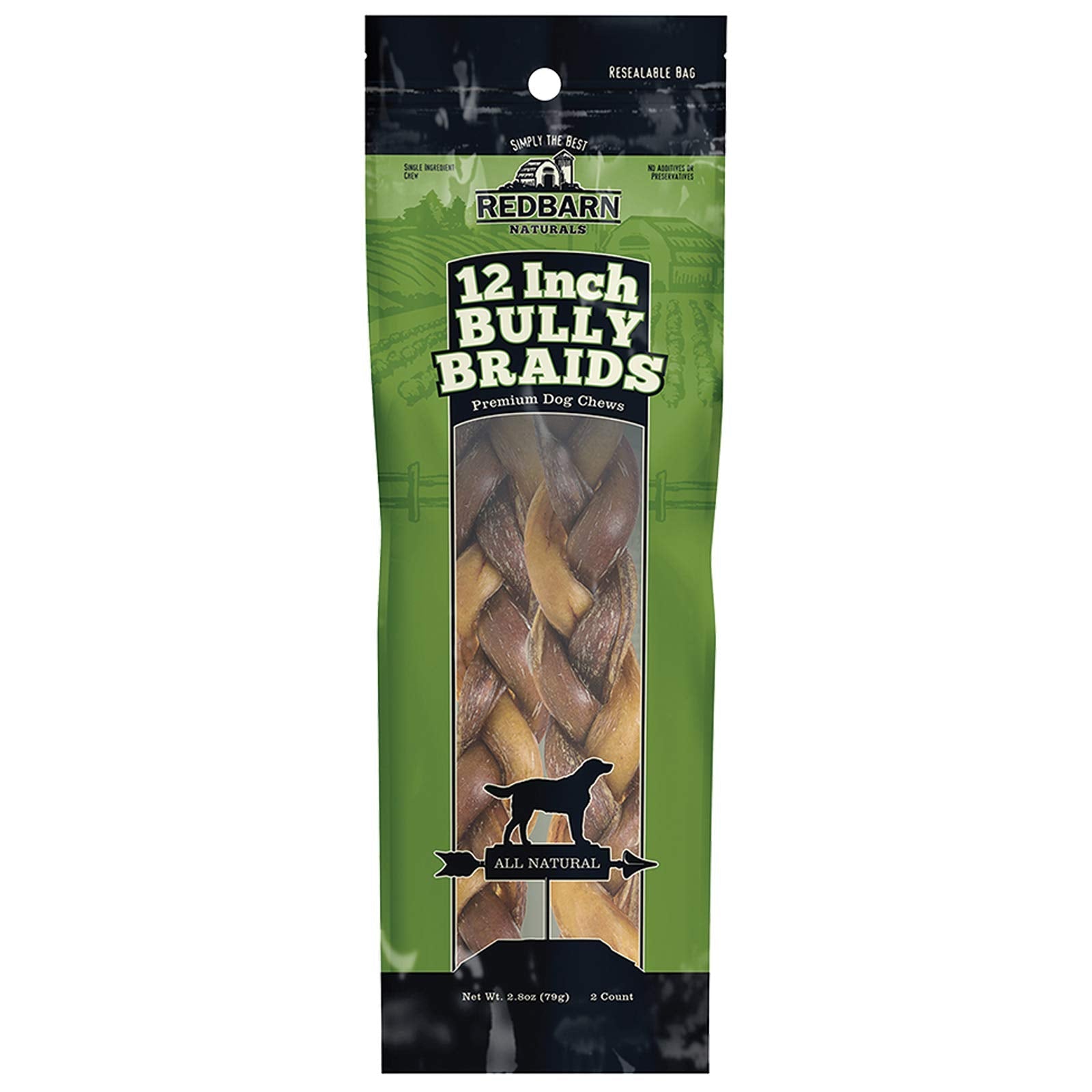 Redbarn All - Natural 12" Braided Bully Sticks for Dogs - Premium Grain - Free & Rawhide - Free Single Ingredient Long Lasting Low Odor Dental Treat for Chewers - 2 Count