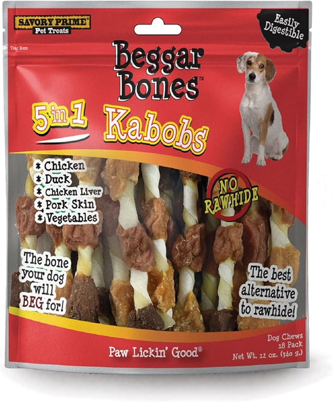 Savory prime beggar bones 5 in 1 kabobs 18pack dog treats
