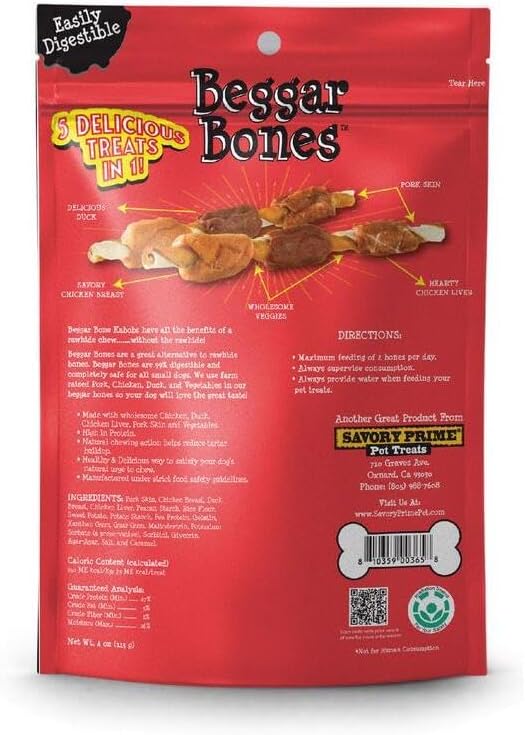 Savory prime beggar bones 5 in 1 kabobs 6pk dog treats