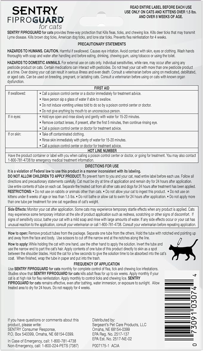 Sentry Fiproguard for Cats, Flea and Tick Prevention for Cats (1.5 Pounds and Over), Includes 3 Month Supply of Topical