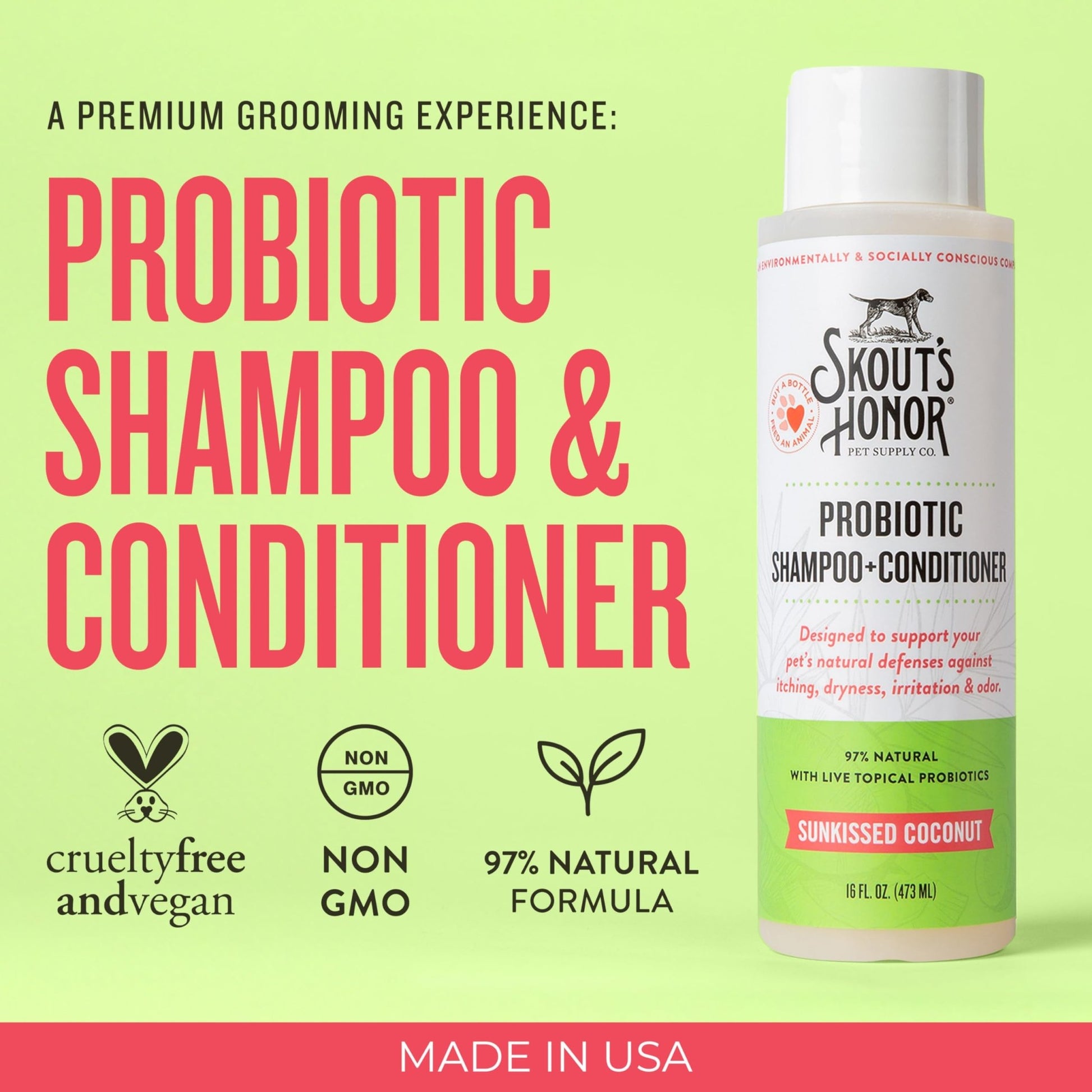 Skout's Honor Probiotic Pet Shampoo & Conditioner with Avocado Oil & Omega - 3s, 97% Natural, Paraben & Sulfate - Free, Cruelty - Free, 16oz, Sunkissed Coconut