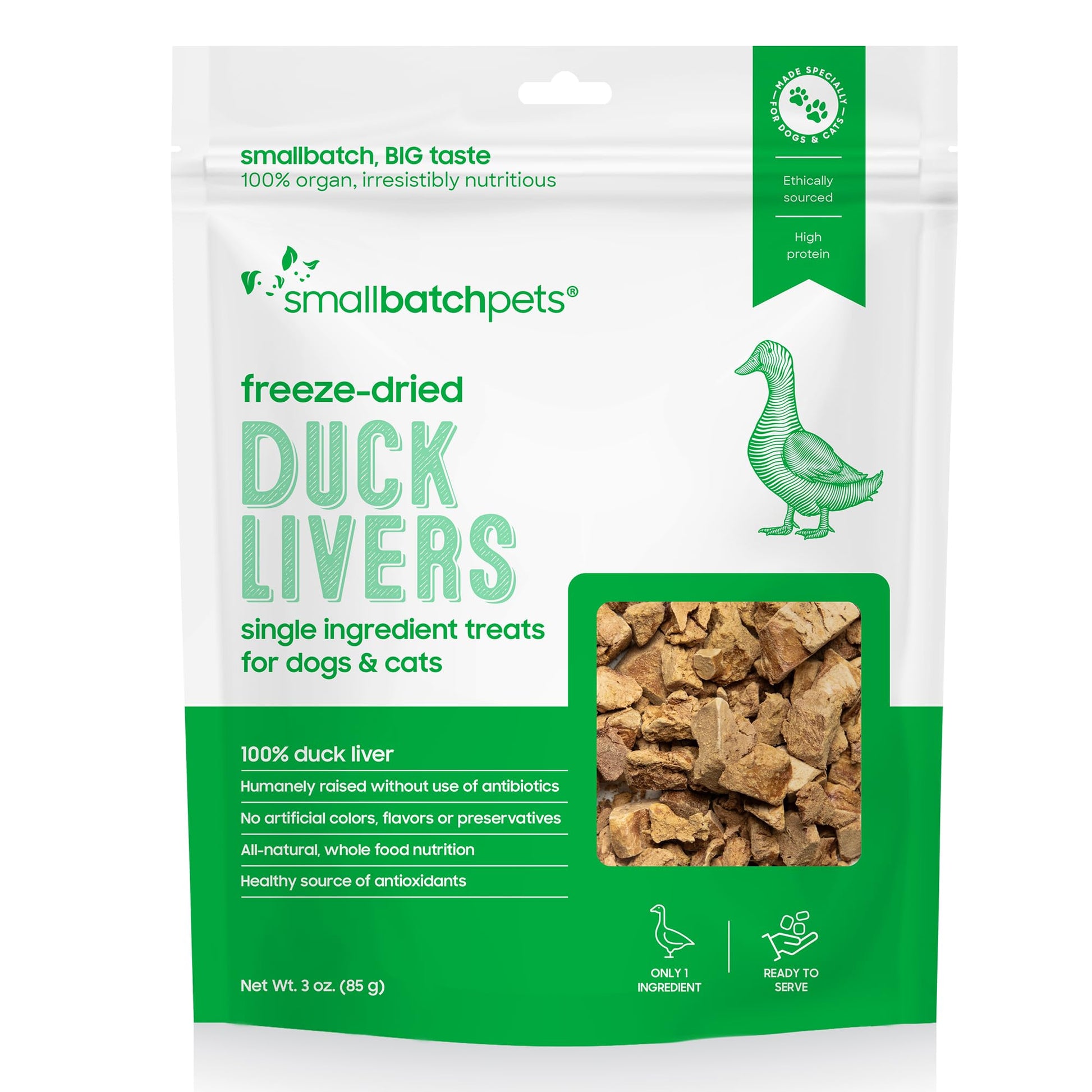 smallbatch Freeze - Dried Liver Treats for Dogs & Cats – Single - Ingredient, Protein - Rich, All - Natural Snacks – 100% Humanely Sourced – No Additives or Preservatives – (3 oz, Duck)