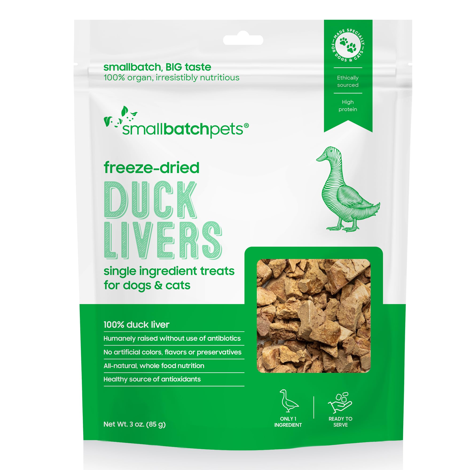 smallbatch Freeze - Dried Liver Treats for Dogs & Cats – Single - Ingredient, Protein - Rich, All - Natural Snacks – 100% Humanely Sourced – No Additives or Preservatives – (3 oz, Duck)