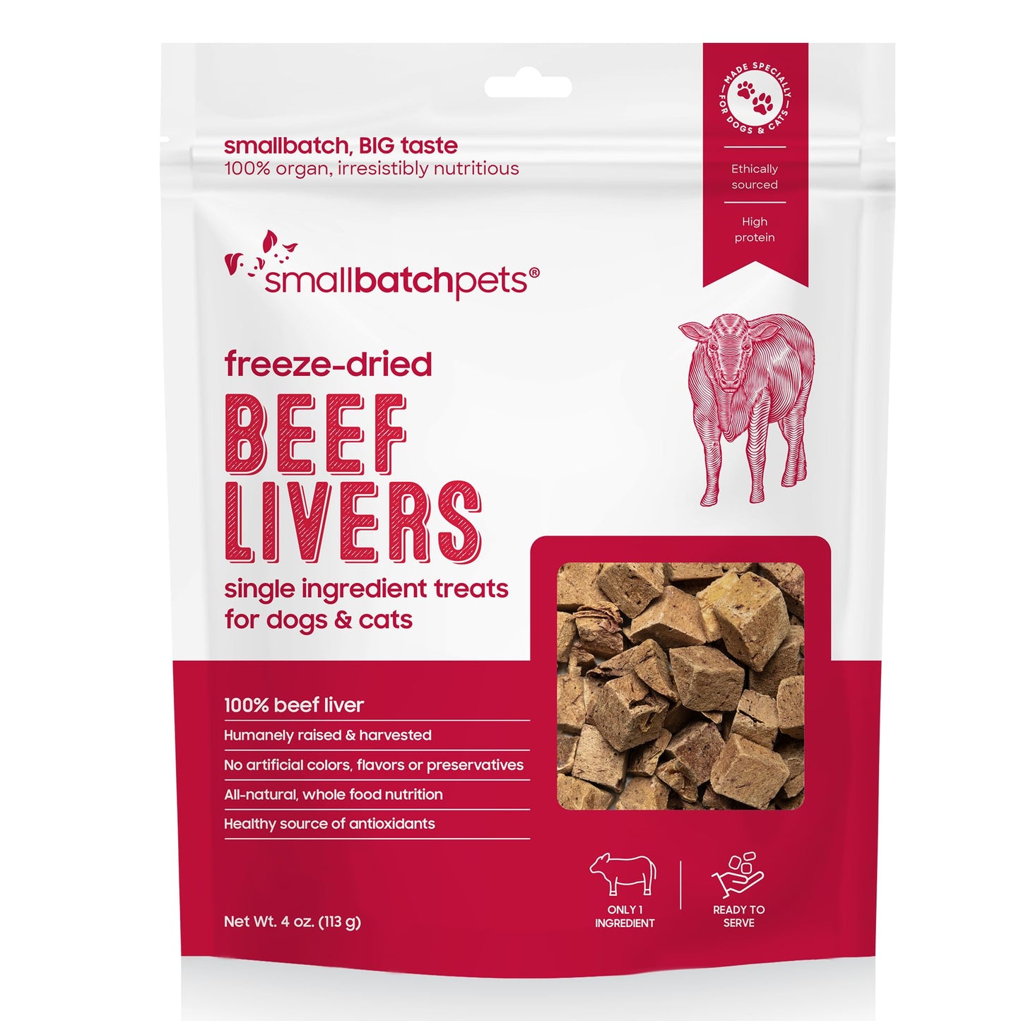 smallbatch Freeze - Dried Liver Treats for Dogs & Cats – Single - Ingredient, Protein - Rich, All - Natural Snacks – 100% Humanely Sourced – No Additives or Preservatives – (4 oz, Beef)