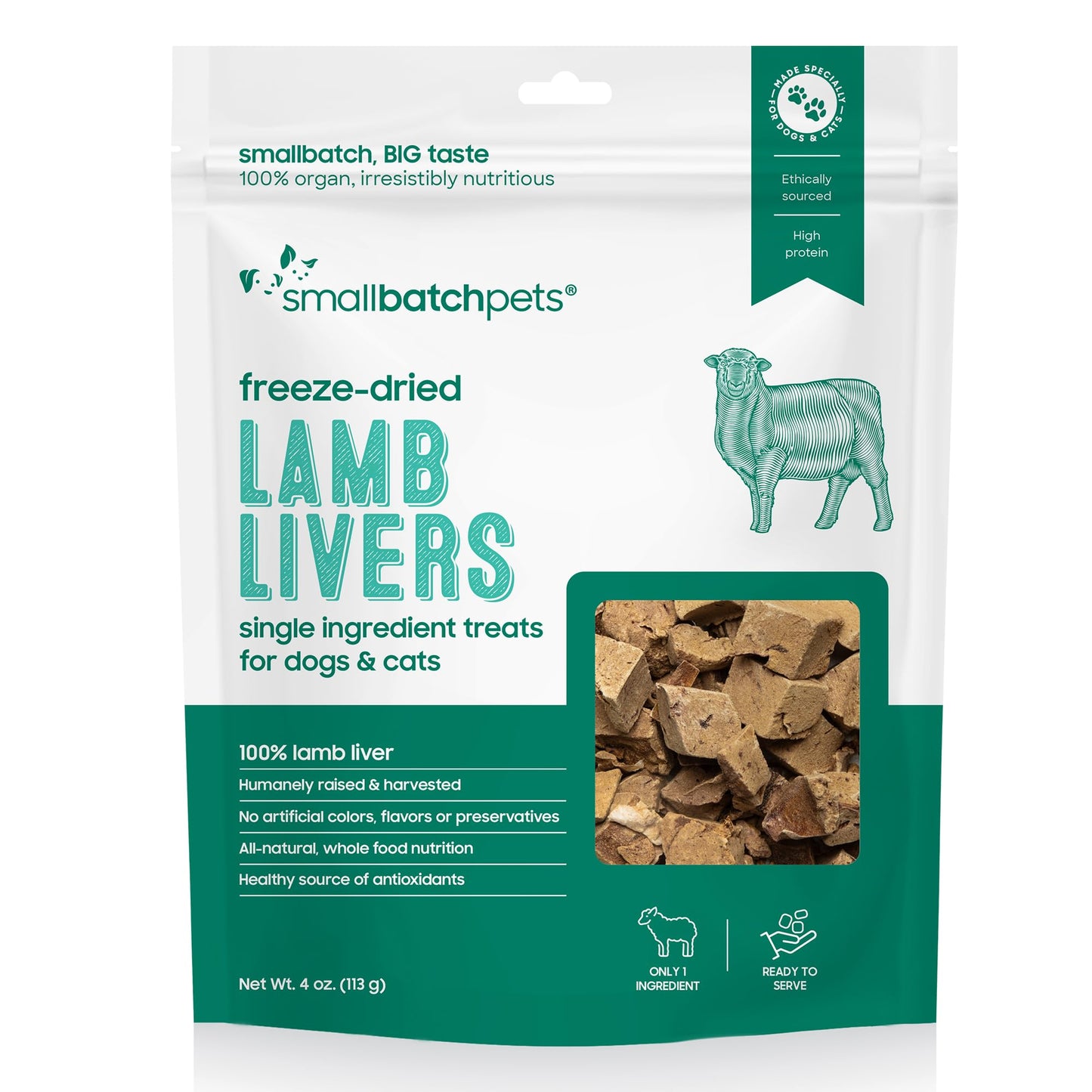 smallbatch Freeze - Dried Liver Treats for Dogs & Cats – Single - Ingredient, Protein - Rich, All - Natural Snacks – 100% Humanely Sourced – No Additives or Preservatives – (4 oz, Lamb)