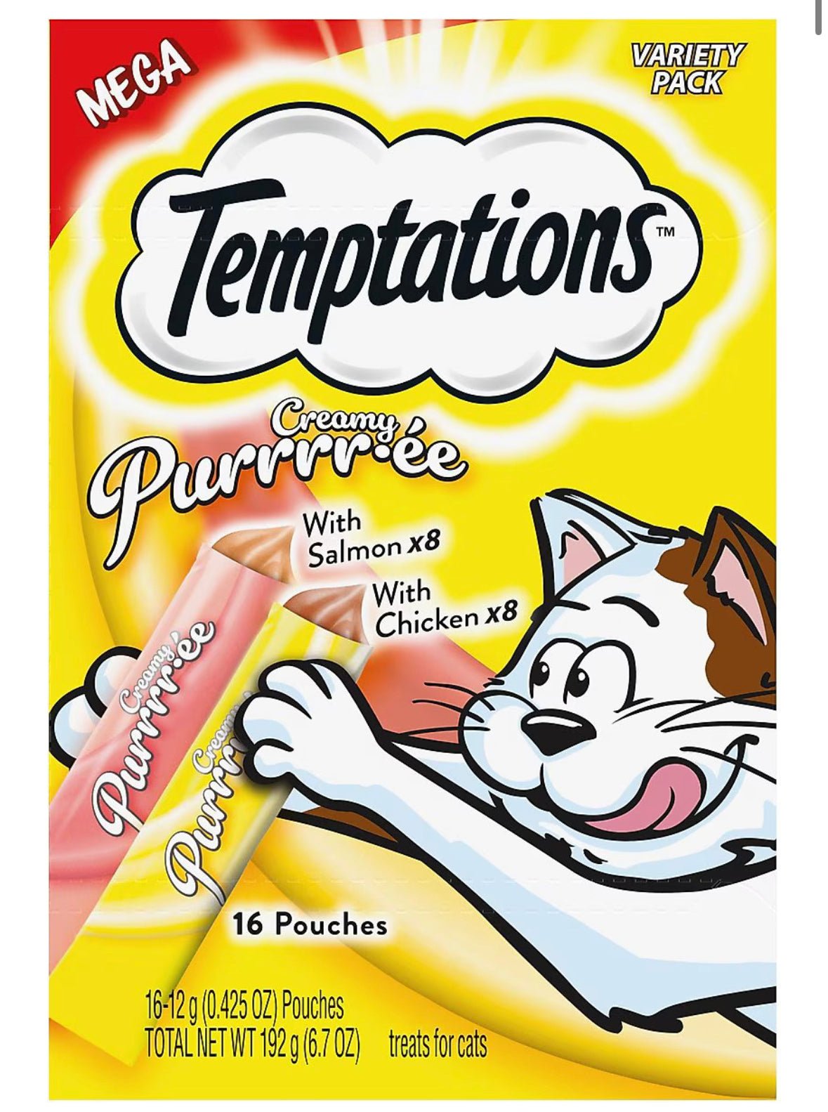 Temptations Creamy Puree Salmon & Chicken Variety Pack Lickable Cat Treats, 0.425 - oz, 16 count