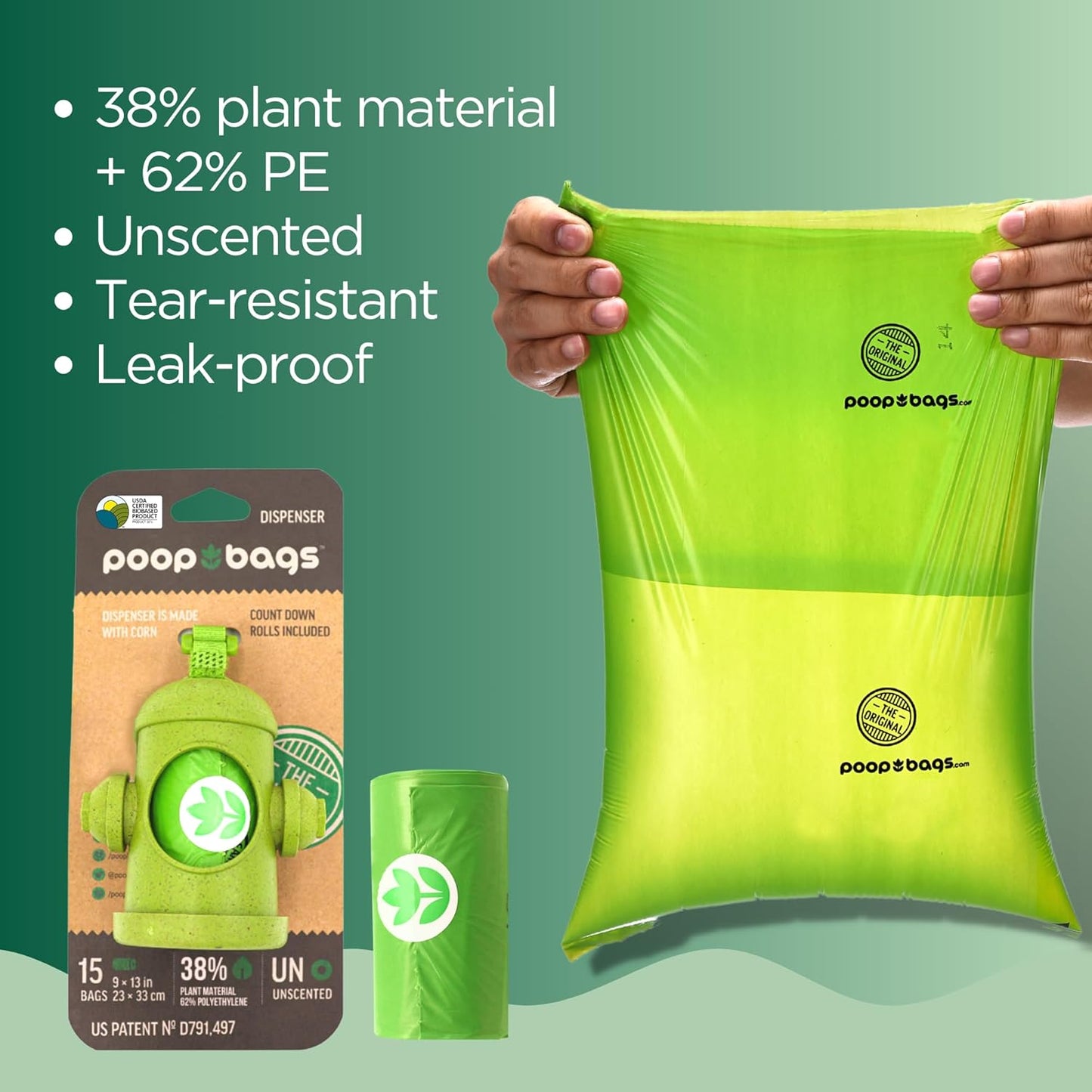 The Original Poop Bags Dog Bags For Poop Refills Bags Rolls Hydrant Dispenser with Leash Clip - 38% Plant Based USDA - Leak Proof & Strong Doggy Bag - Unscented