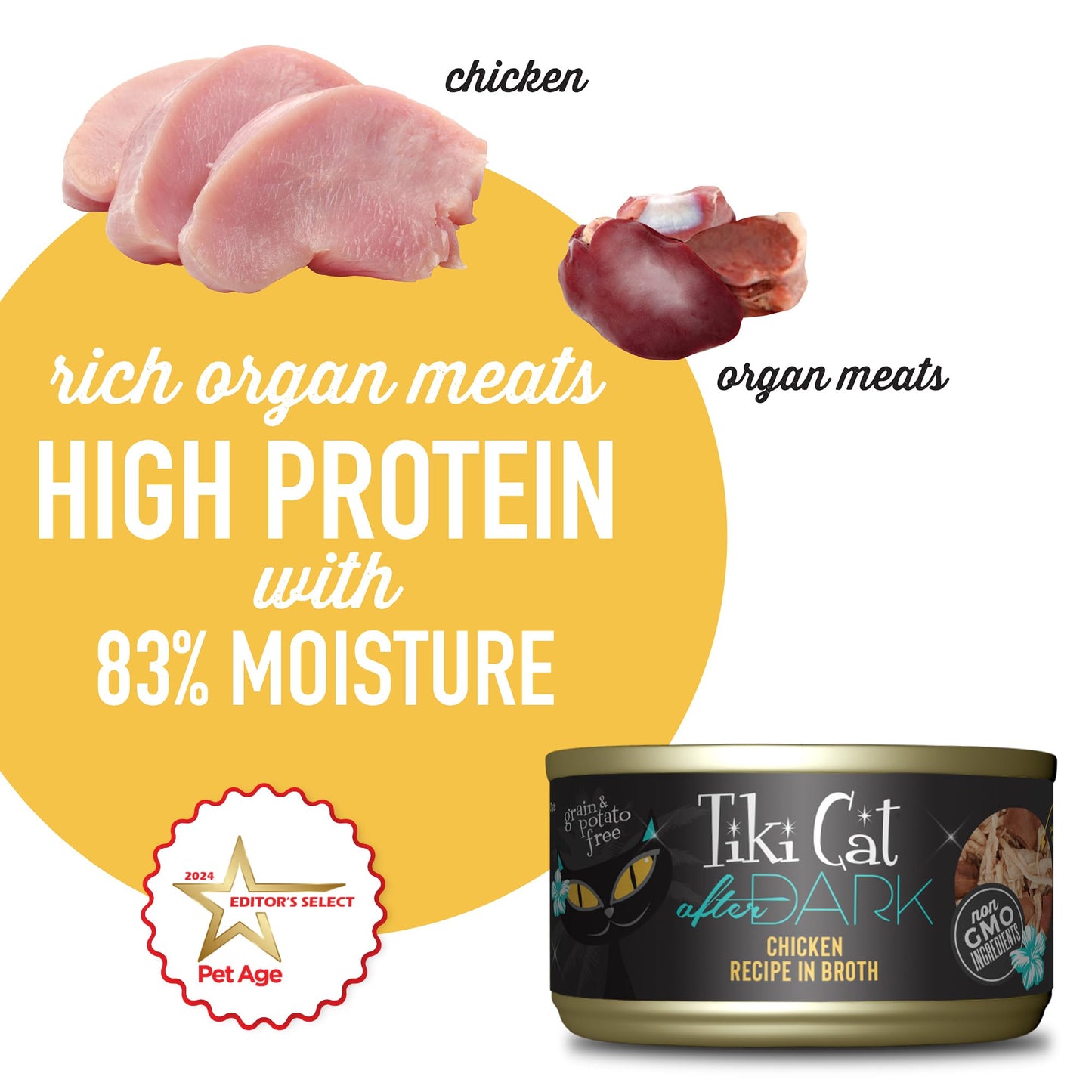 Tiki Cat After Dark, Chicken, High - Protein and 100% Non - GMO Ingredients, Wet Cat Food for Adult Cats, 2.8 oz. Cans (Pack of 12)