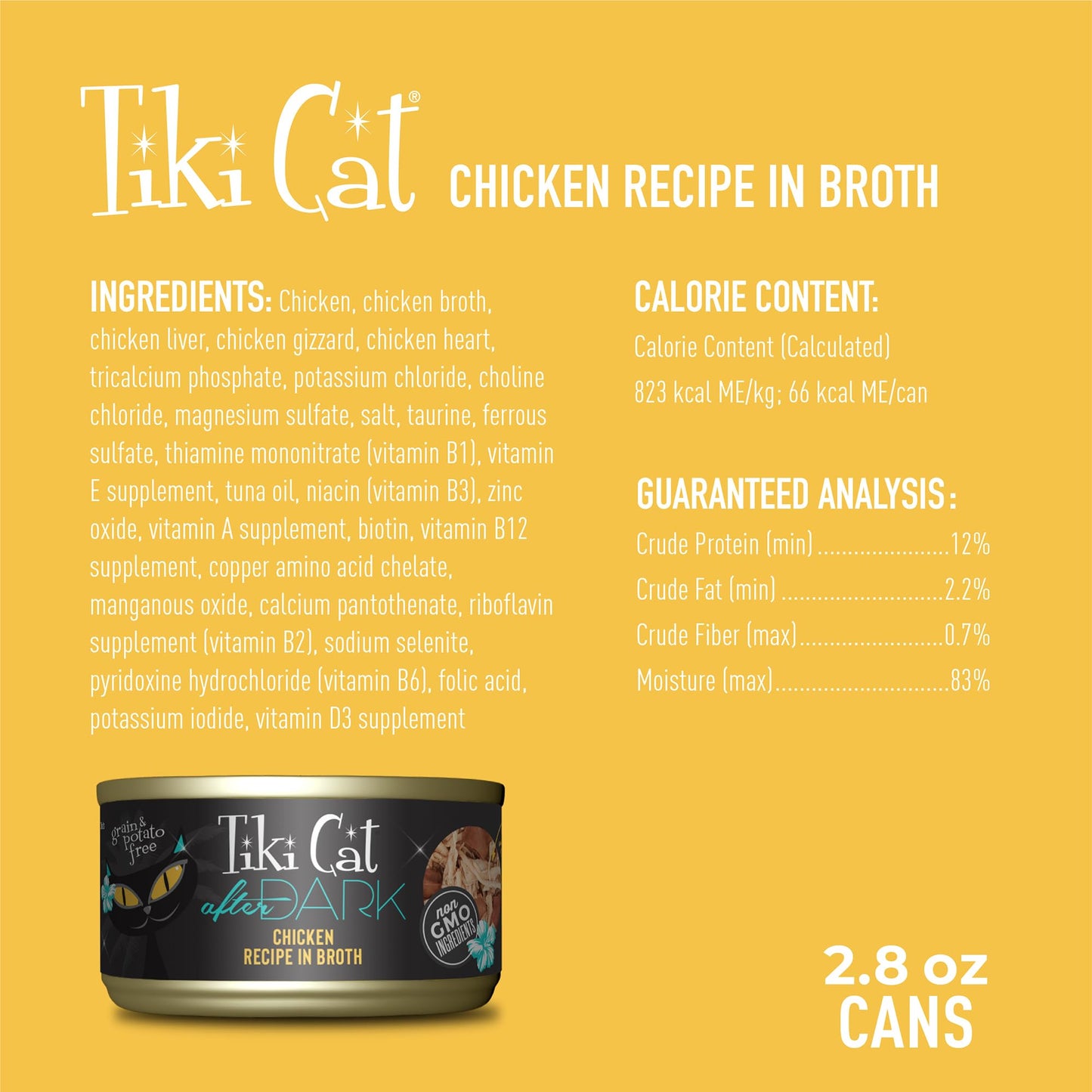 Tiki Cat After Dark, Chicken, High - Protein and 100% Non - GMO Ingredients, Wet Cat Food for Adult Cats, 2.8 oz. Cans (Pack of 12)