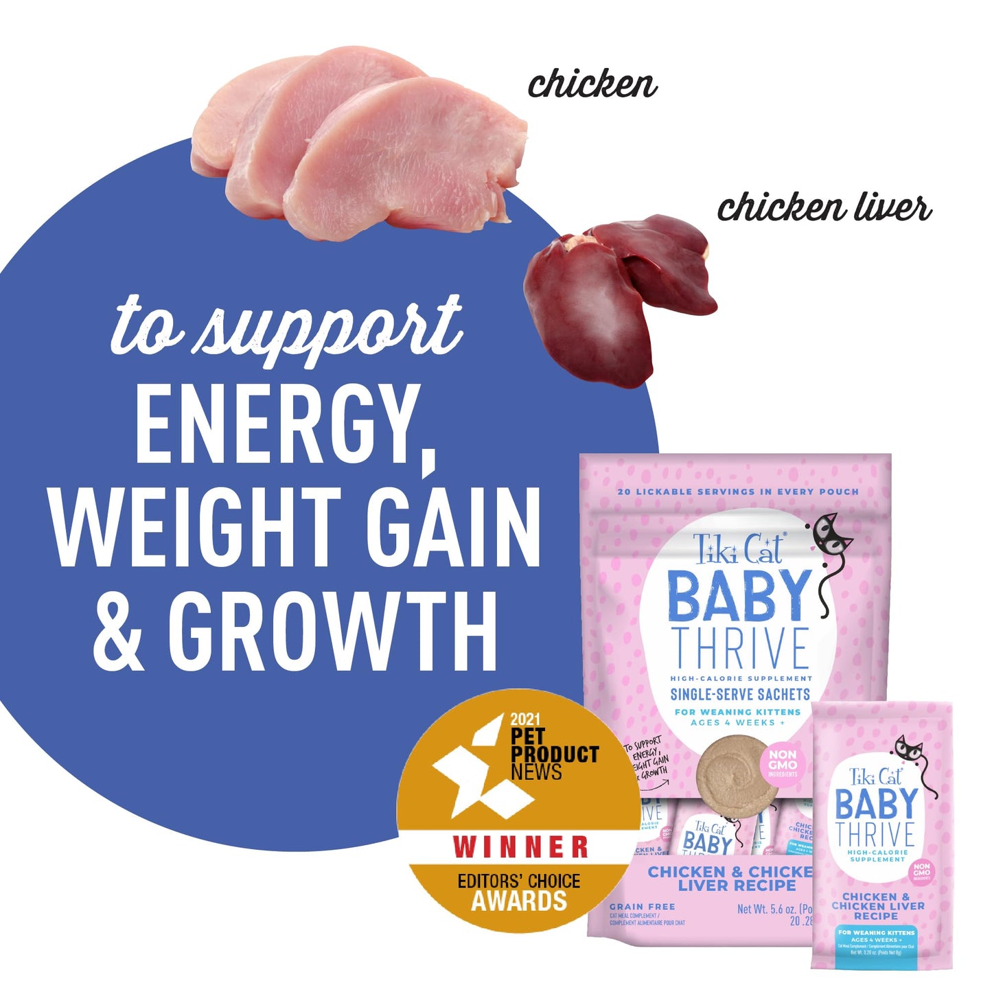 Tiki Cat Baby Thrive, Chicken & Chicken Liver Mousse, 5.6 oz. Pouch (20 Individual Servings)
