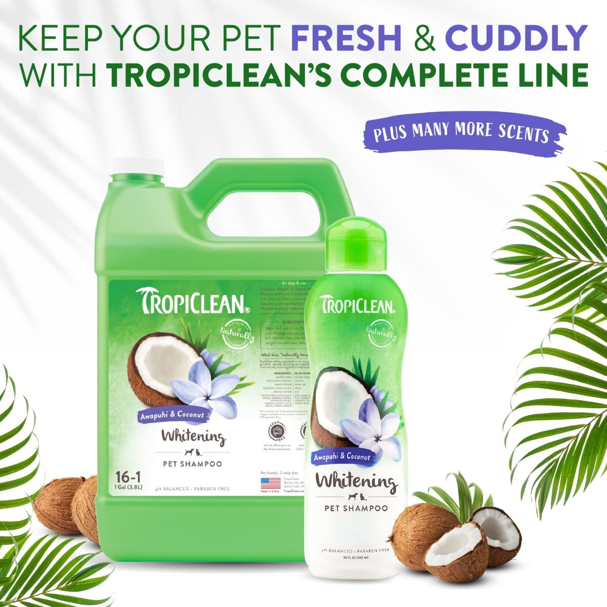 TropiClean Awapuhi Coconut Whitening Dog Shampoo for White Coats & All Coat Types - Natural Pet Shampoo Derived from Natural Ingredients - 20 oz